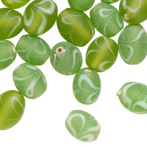 Bead, lampworked glass, translucent matte green and white, 9mm-13x9mm oval with swirl design. Sold per pkg of 40 beads.