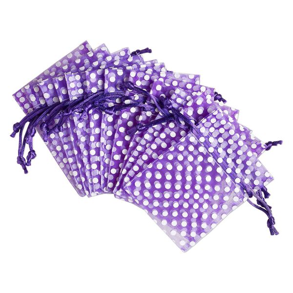 Pouch, organza, purple and white, 4x3 inches with dots pattern and drawstring closure. Sold per pkg of 12. image number 0