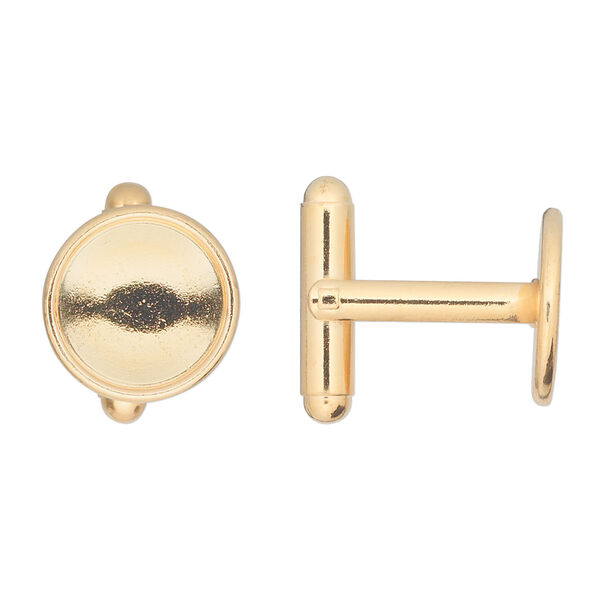 Cuff link 1pkg2 gold-finished brass, 12mm round bezel setting. 1 pair. image number 0