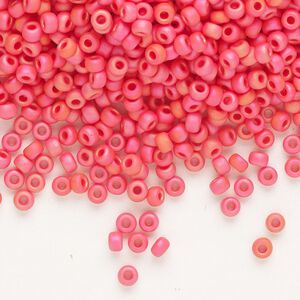 Seed bead, Miyuki, glass, pkg/50g, #8 rocaille, opaque matte rainbow coral, (RR-407FR).
