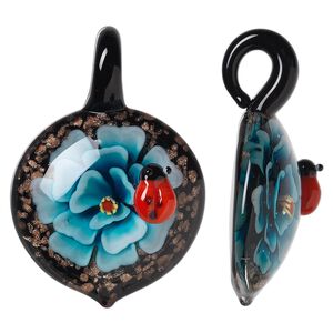 Pendant, lampworked glass, light blue and multicolored with copper-colored foil, 50x34mm single-sided domed round with flower and ladybug design. Sold individually.