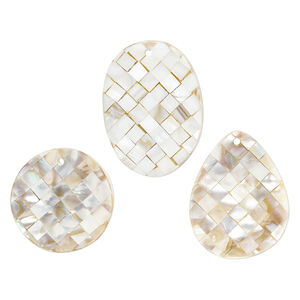 Focal mix, black lip shell / gold lip shell / mother-of-pearl shell / resin (assembled) 1pkg3, 45x44mm-70x49mm top-drilled and undrilled 2sided concave mixed shapes with checkerboard pattern.