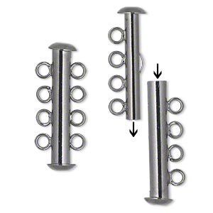 Clasp slide lock 1pkg4 gunmetal-plated, 26x6mm tube, brass 4-strand