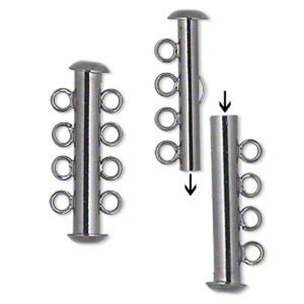 Clasp, 4-strand slide lock, gunmetal-plated brass, 26x6mm tube. Sold per pkg of 4. image number 0