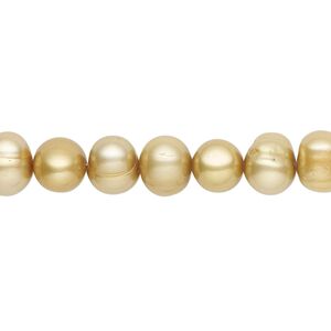 Pearl, cultured freshwater (dyed), gold, 6-7mm semi-round with 0.4-0.6mm hole, D grade, Mohs hardness 2-1/2 to 4. Sold per 15-inch strand.