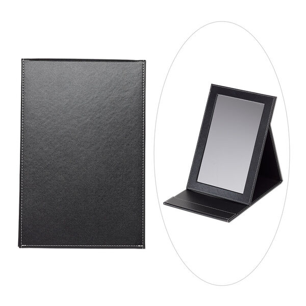 Mirror display, EUROTOOL®, faux leather and glass, black / white / clear, 12 x 8 x 3/4 inch closed with 9-3/4 x 6 inch mirror. Sold individually. image number 0