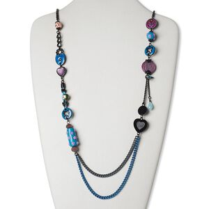 Necklace, mother-of-pearl shell (dyed) / brass / steel / enamel / porcelain / waxed cotton cord / glass / resin / acrylic, multicolored, 36 inches with lobster claw clasp. Sold individually.