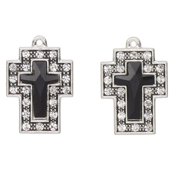 Drop, antique silver-finished "pewter" (zinc-based alloy) and glass, clear and black, 23x17mm cross. Sold per pkg of 2. image number 0