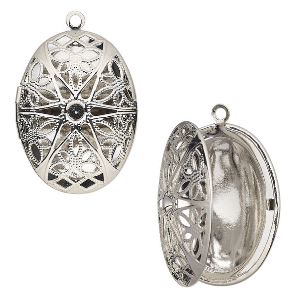 Drop, silver-finished brass, 34.5x26mm single-sided hinged oval bead cage with cutout flower and PP32 chaton setting with 27.5x18mm oval setting. Sold individually. image number 0
