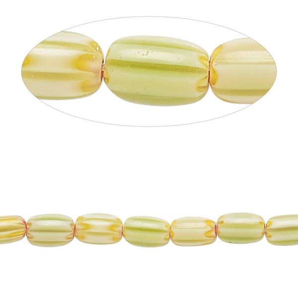 Bead, millefiori glass, opaque green and multicolored, 7x4mm-8x5mm capsule. Sold per 14-inch strand. image number 0
