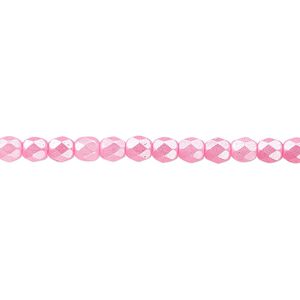 Bead, Czech fire-polished dipped décor glass, pearlescent light pink, 4mm faceted round. Sold per 15-1/2" to 16" strand.