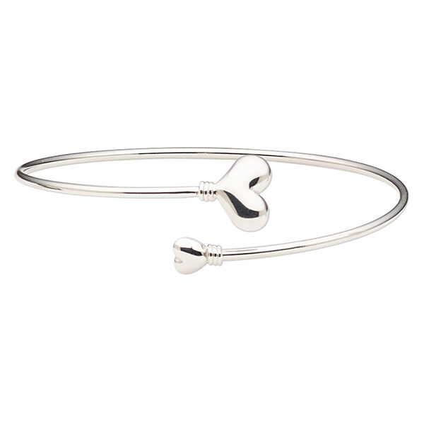 Bracelet, cuff, Create Compliments®, sterling silver, 2mm wide with 6.5x5.5mm and 14x9.5mm heart, 8-inch adjustable. Sold individually. image number 0