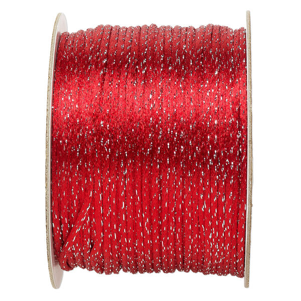 Cord, Satinique™, satin, red and metallic silver, 2mm. Sold per 432-foot spool. image number 0
