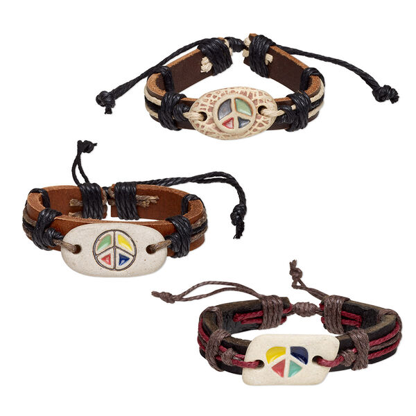 Bracelet mix, leather (dyed) / cotton cord / porcelain, multicolored, 12mm wide with peace sign design, adjustable from 5-1/2 to 7-1/2 inches with knot closure. Sold per pkg of 3. image number 0