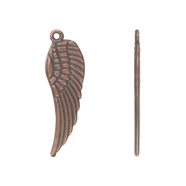 Charm, antique copper-plated "pewter" (zinc-based alloy), 28x9mm double-sided wing. Sold per pkg of 10. image number 0