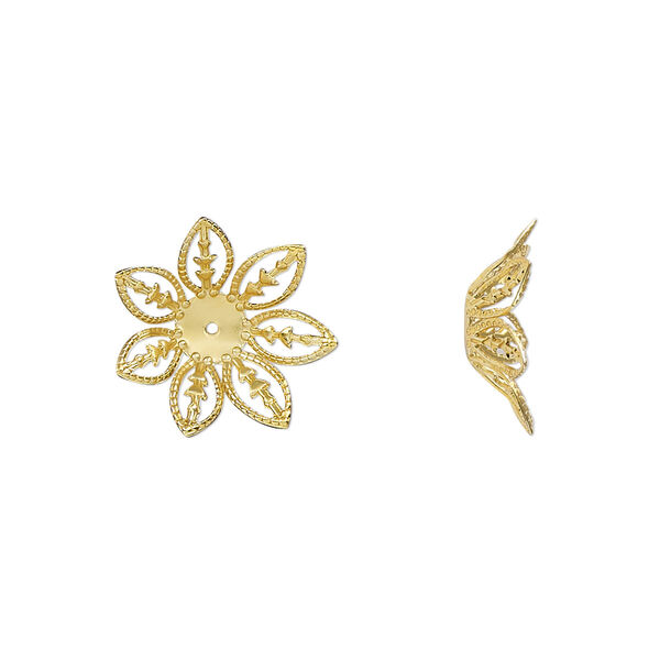 Bead cap, gold-finished steel, 14.5x4mm leaves, fits 8-10mm round bead. Sold per pkg of 20. image number 0