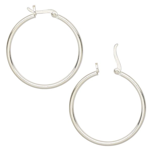 Earring hoop 1pkg2 sterling silver, 30mm round / latch-back closure, 1 pair image number 0
