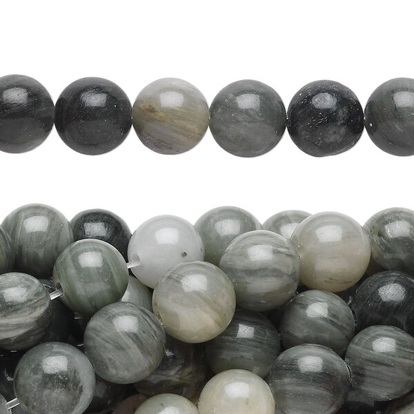 Bead, green line jasper (natural), 8mm round, C grade, Mohs hardness 6-1/2 to 7. Sold per pkg of (10) 15-1/2" to 16" strands. image number 0