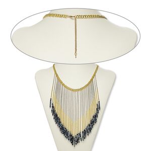 Necklace, glass / gold-finished / silver- / copper-plated steel / gold-finished brass, black hematite, 4mm bicone, 18 inches with 2-1/2 inch extender chain and lobster claw clasp. Sold individually.