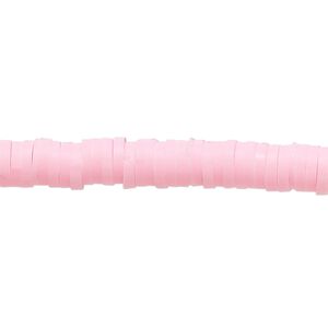 Bead, polymer clay, opaque light pink, 6x1-1/2mm heishi. Sold per pkg of (2) 16-inch strands.