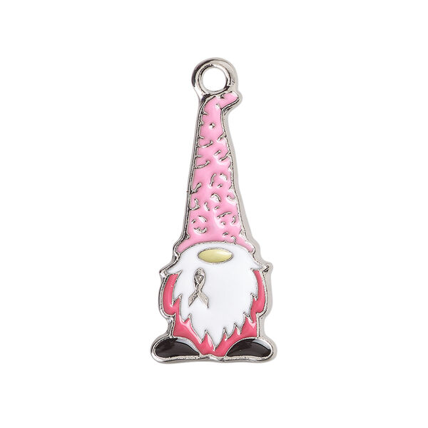 Charm 1pkg4, imitation rhodium-plated "pewter" (zinc alloy) / enamel, pink / black / white, 29x13mm, gnome / awareness ribbon image number 0