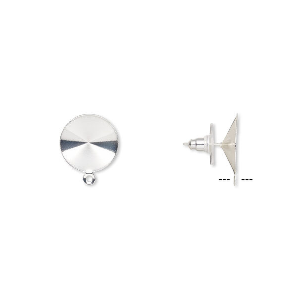 Earstud, Almost Instant Jewelry®, plastic with silver-finished brass and steel, 16.5mm round with closed loop and 16mm rivoli setting. Sold per pkg of 5 pairs. image number 0