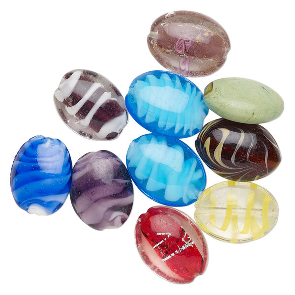 Bead mix, lampworked glass, pkg/4 ounces, opaque to transparent mixed colors with silver-colored foil and copper-colored glitter, 28x21mm-38x25mm puffed oval. image number 0