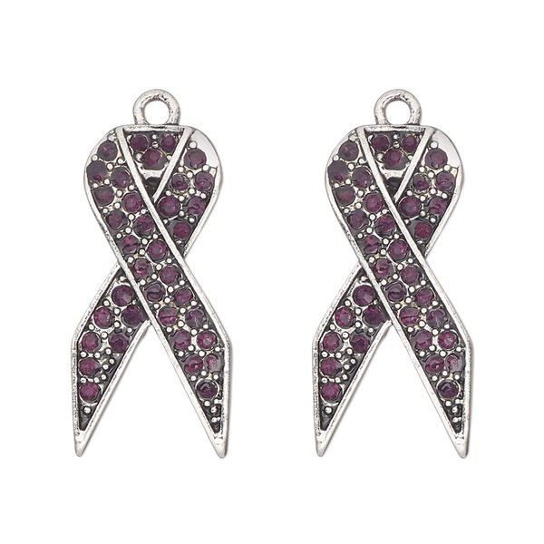 Charm, antique silver-finished "pewter" (zinc-based alloy) and glass, purple, 27x13mm single-sided awareness ribbon. Sold per pkg of 2. image number 0