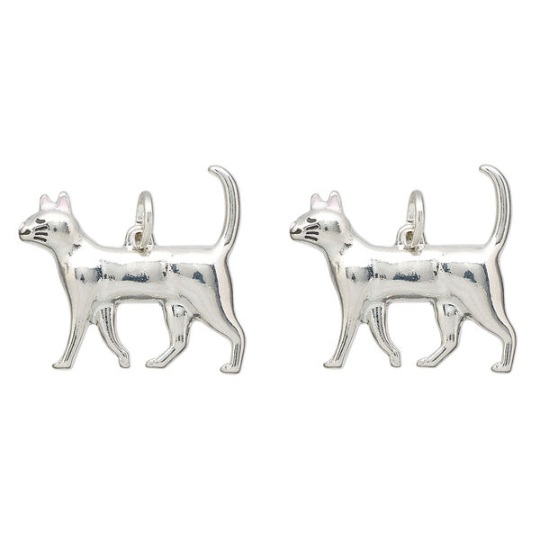 Charm, imitation rhodium-finished "pewter" (zinc-based alloy) and enamel, pink and black, 24x23mm walking cat. Sold per pkg of 2. image number 0