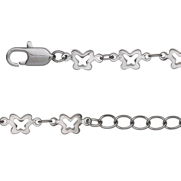 Chain, gunmetal-finished brass, 3x2mm oval and 6x5mm open butterfly, 24 inches with 1-1/4 inch extender chain and lobster claw clasp. Sold individually. image number 0