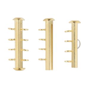 Clasp slide lock 1pkg4 gold-plated, 26x6mm round tube, brass 4-strand