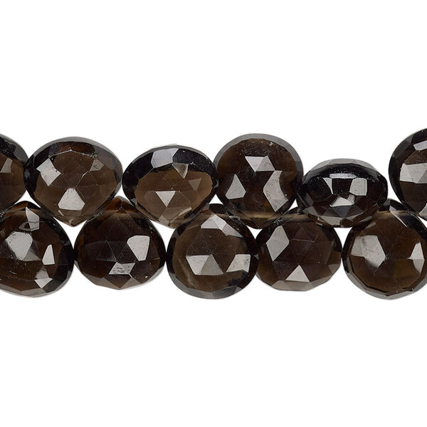 Bead, smoky quartz (heated / irradiated), dark, 9-11mm hand-cut top-drilled faceted puffed teardrop with 0.4-1.4mm hole, B+ grade, Mohs hardness 7. Sold per 6-inch strand. image number 0