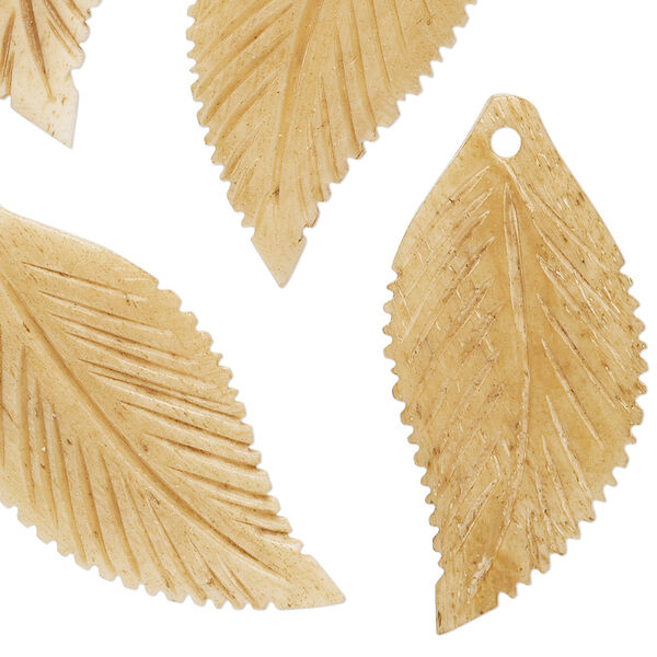Focal, bone (dyed), tan, 37x18mm hand-carved double-sided flat leaf, Mohs hardness 2-1/2. Sold per pkg of 4. image number 0