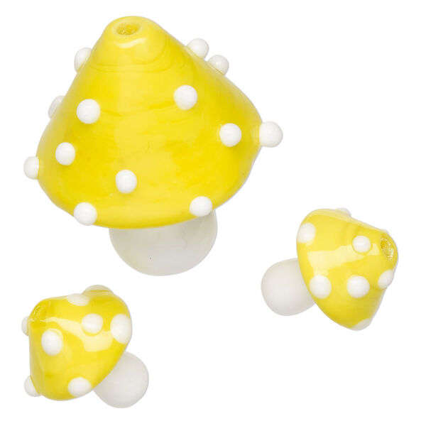 Bead, lampworked glass, opaque yellow and white, 31x25mm and 15x13mm mushroom. Sold per pkg of 3. image number 0