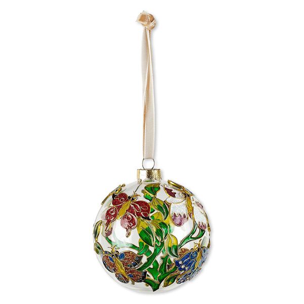 Ornament, glass / enamel / velveteen ribbon / gold-finished copper / brass / steel, clear and multicolored with glitter, 3-inch round with butterfly and leaf design. Sold individually. image number 0