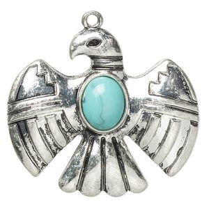 Focal, "turquoise" (resin) (imitation) and antiqued "pewter" (zinc-based alloy), blue, 36.5x32mm single-sided eagle. Sold individually.