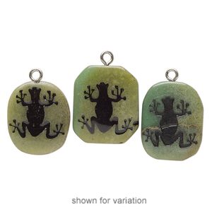 Focal, silver-finished steel / green aventurine (natural) / enamel, black, 29x23mm-34x27mm freeform with frog, Mohs hardness 7. Sold individually.