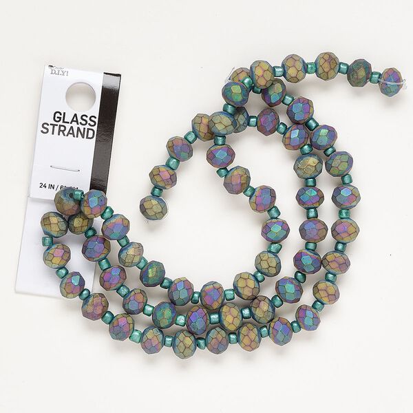 Bead, glass, opaque matte peacock AB, 9x8mm-10x8mm faceted rondelle. Sold per 24-inch strand. image number 0