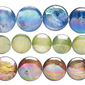 Bead mix, mother-of-pearl shell (bleached / dyed), multicolored AB, 10-16mm puffed flat round with 0.4-0.6mm hole, Mohs hardness 3-1/2. Sold per pkg of (3) 15-inch strands.