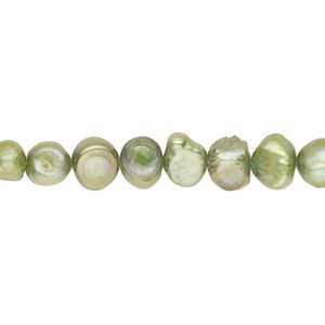 Pearl, cultured freshwater (dyed), avocado, 6-8mm flat-sided potato, D grade, Mohs hardness 2-1/2 to 4. Sold per 15-inch strand.