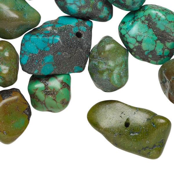 Bead mix, turquoise (dyed / stabilized), blue / blue-green / green-brown, small nugget, Mohs hardness 5 to 6. Sold per 1/2 pound pkg, approximately 120 beads. image number 0