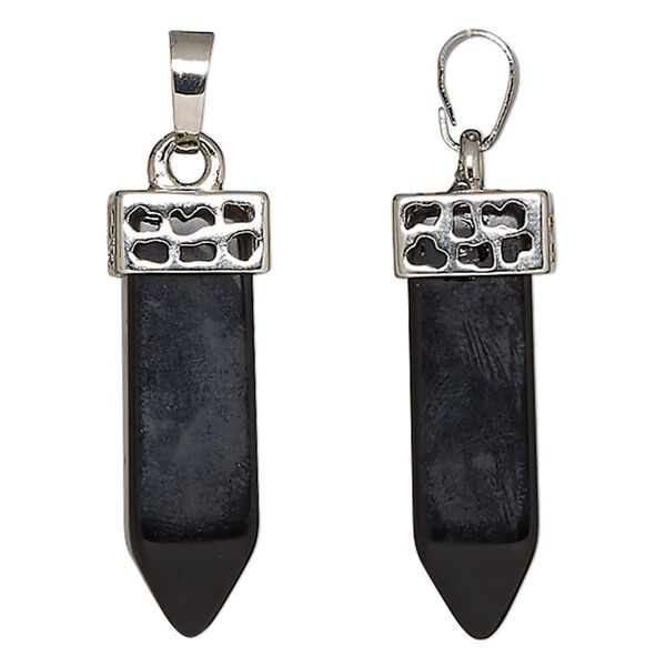 Obsidian / brass 1pkg1, imitation rhodium-plated square point pendant natural 32x11mm / bail image number 0