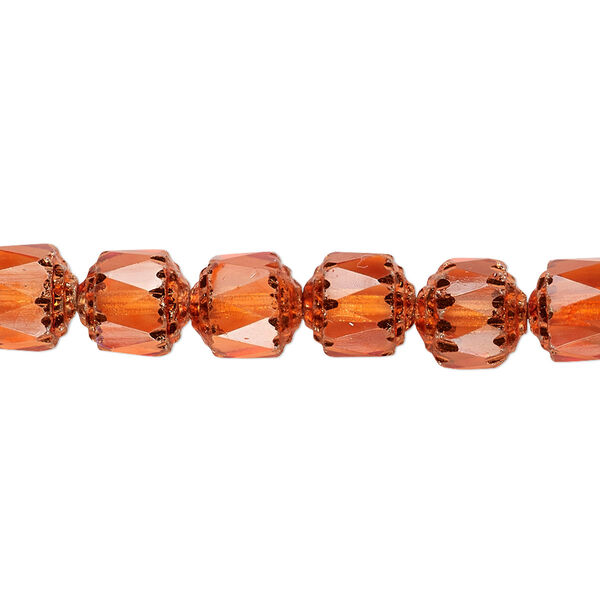 Bead, Czech dipped décor glass, tangerine Apollo, 8mm round cathedral. Sold per 15-1/2" to 16" strand. image number 0