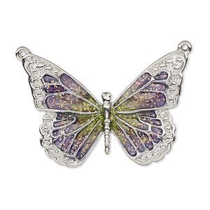 Focal, enamel and imitation rhodium-plated "pewter" (zinc-based alloy), purple and green with glitter, 35x25mm single-sided butterfly. Sold individually.