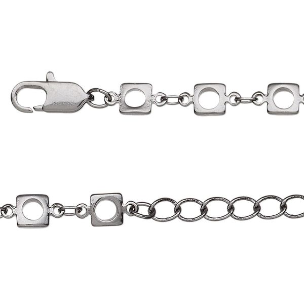 Chain, gunmetal-finished brass, 3x2mm oval and 5x5mm open square, 18 inches with 1-1/4 inch extender chain and lobster claw clasp. Sold individually. image number 0