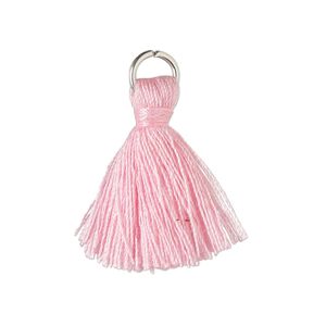 Tassel, cotton and imitation rhodium-finished steel, light pink, 20-24mm mini tassel with 6mm open jump ring. Sold per pkg of 6.