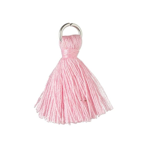 Tassel, cotton and imitation rhodium-finished steel, light pink, 20-24mm mini tassel with 6mm open jump ring. Sold per pkg of 6. image number 0