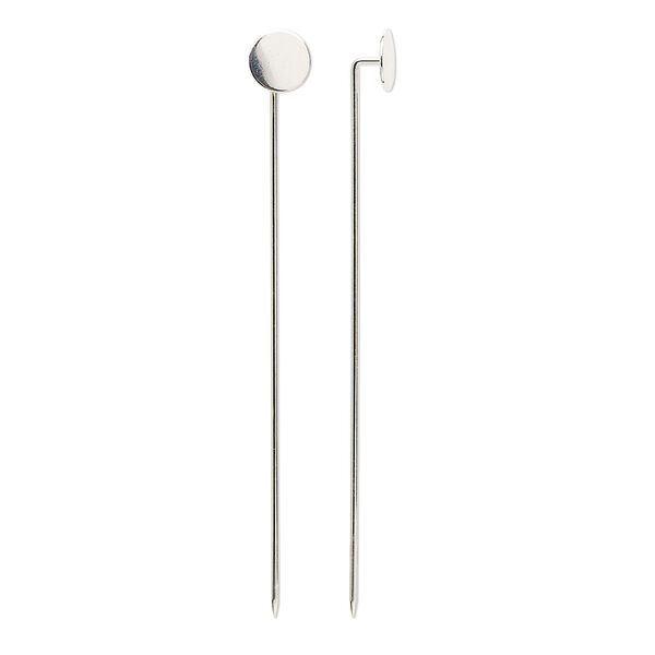 Stick pin, silver-finished brass, 2-3/4 inches with 8mm round flat pad, 18 gauge. Sold per pkg of 100. image number 0