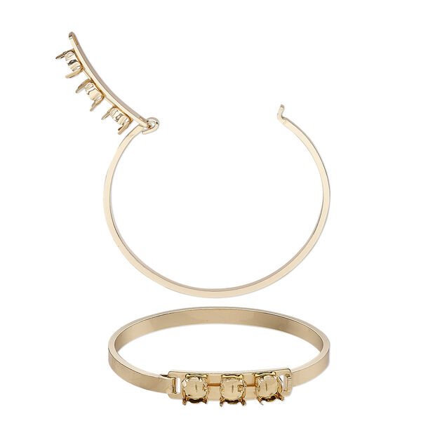 Bracelet, bangle, gold-finished brass, 9mm wide with (3) SS39 4-prong rivoli settings, 8 inches. Sold individually. image number 0