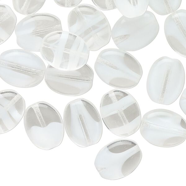 Bead, pressed, glass, transparent clear and white, 12x9mm puffed oval. Sold per pkg of 50. image number 0